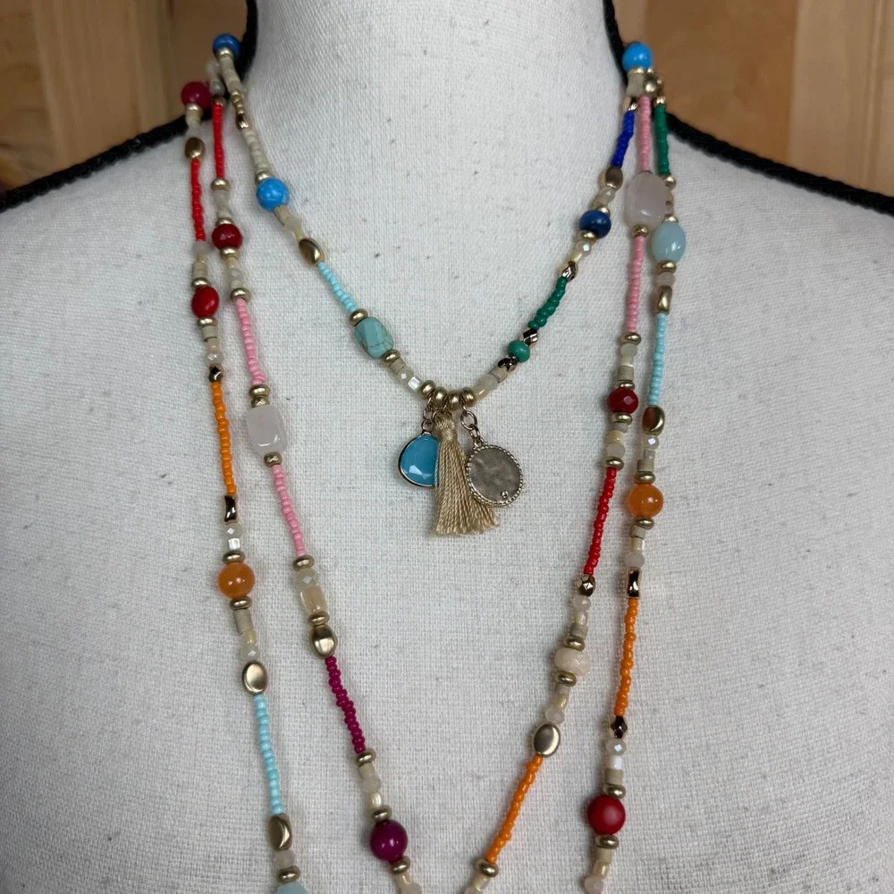 Chico's‎ Triple Strand Boho Layered Necklace Beaded with Tassels & Charms